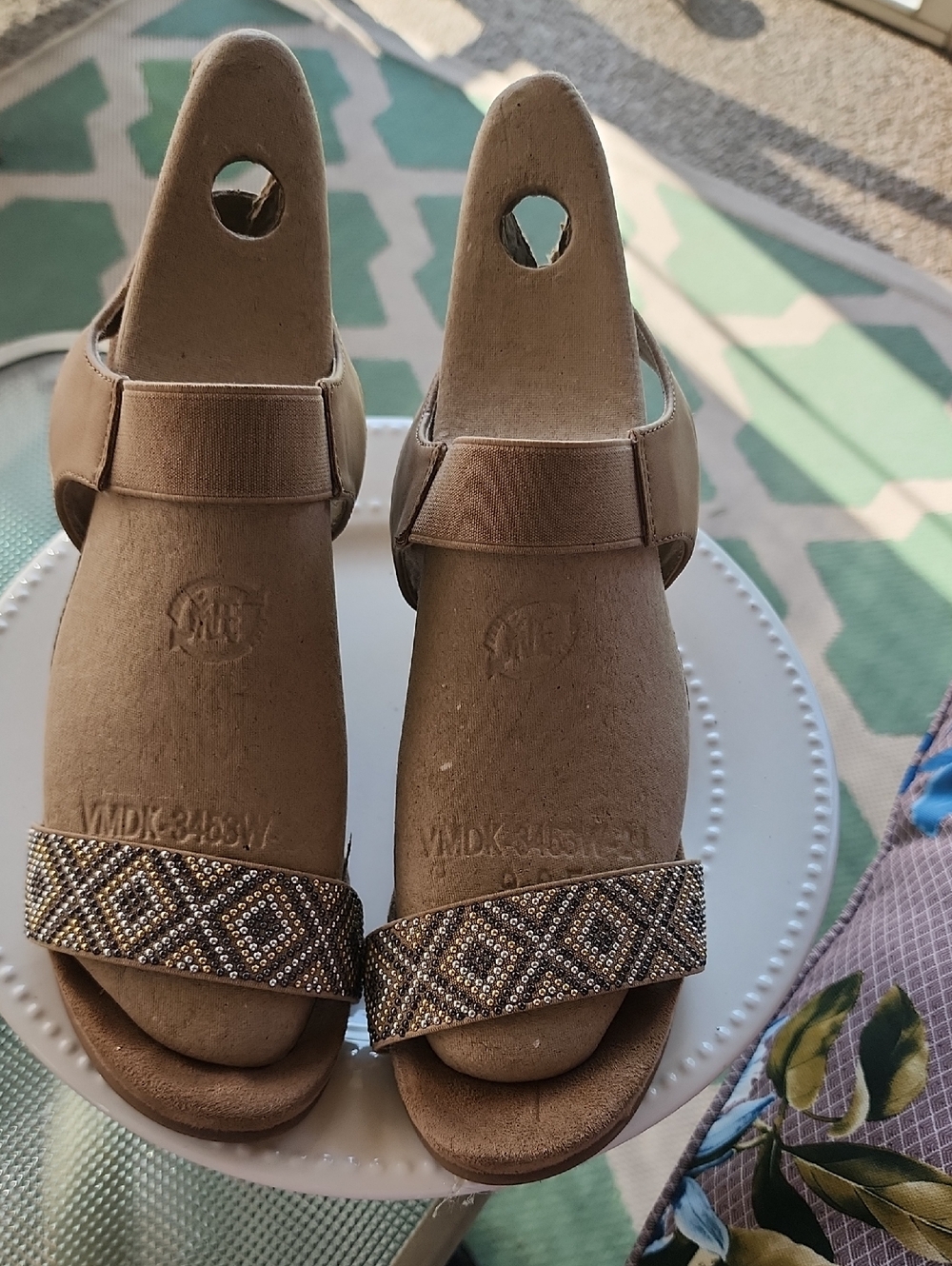 Chinese Laundry Tan Beaded Slide Sandals with Metallic Accents